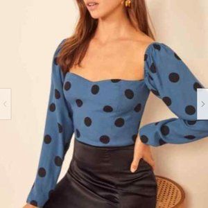 Reformation Marjorie Long Sleeve Blue Polka Dot Top Size 6